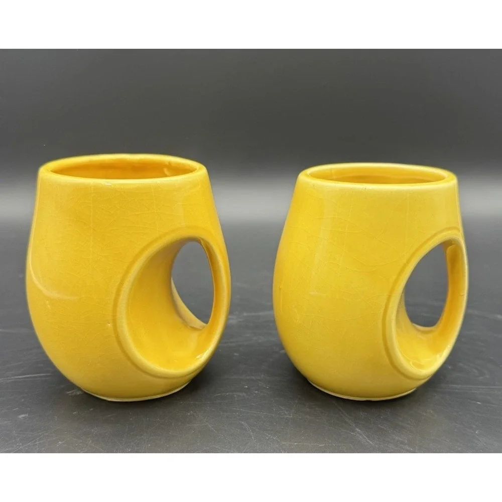 Vintage Bright Yellow Ceramic Tea Cups Set Of 8 MCM Japan Circular Handle 6-7 Oz